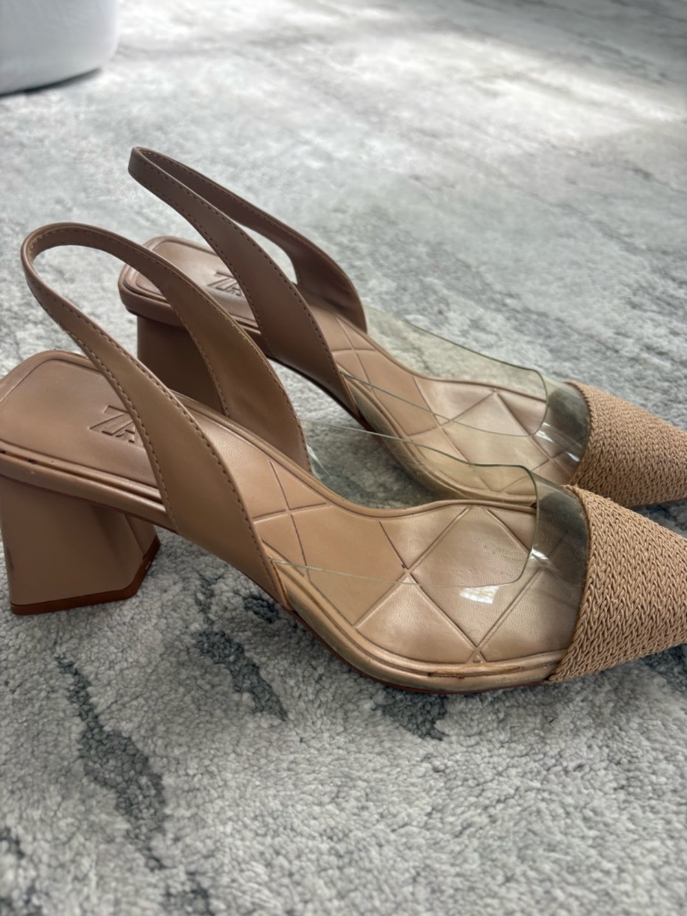 ZARA Block Heel Slingback Sandals Nude/Tan Woven Toe Clear Strap | Size 8